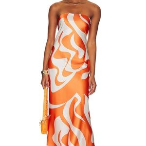 SNDYS. Orange and White Strapless Dress